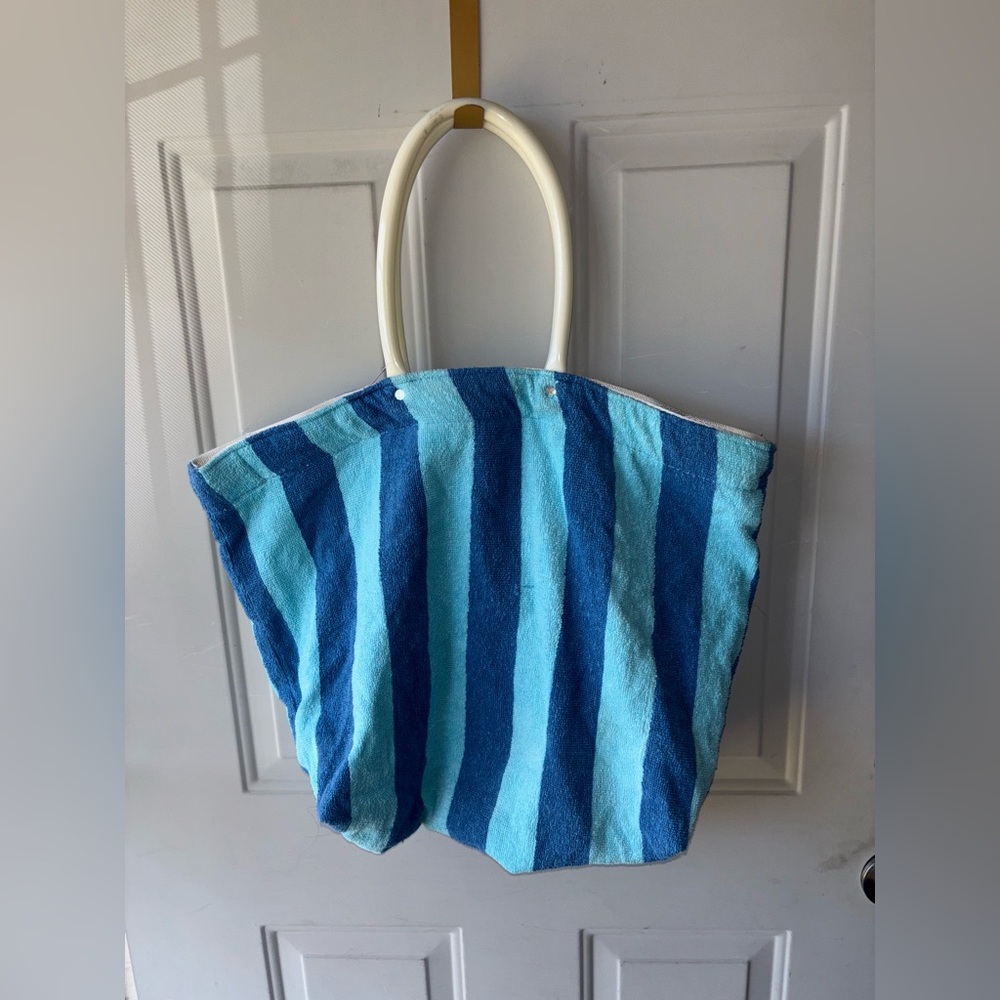 Blue striped terry cloth tote
